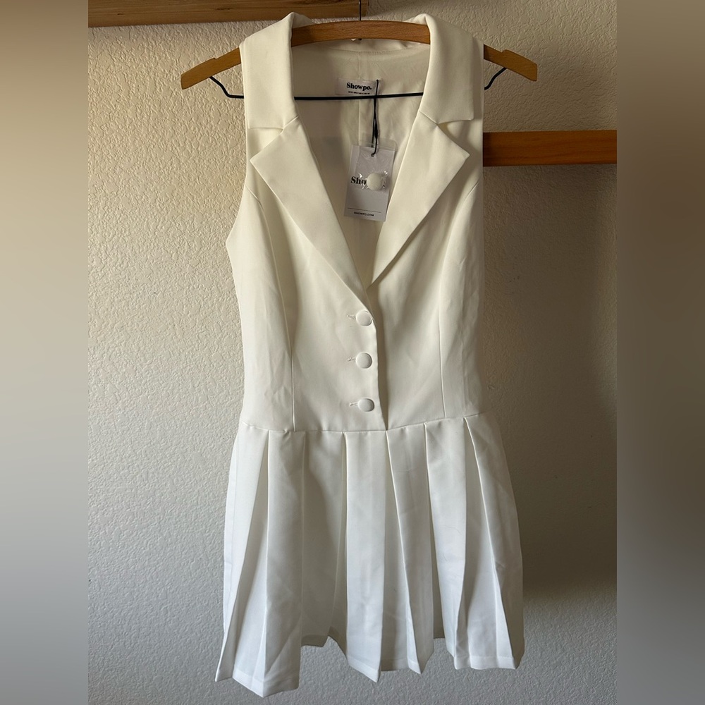 NWT SHOWPO. Hannah Mini Dress Tailored Button Down Pleated Mini Dress in White - Picture 5 of 9